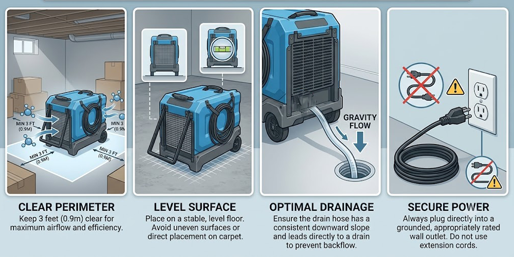 Commercial Basement Dehumidifier with Drain Hose Placement